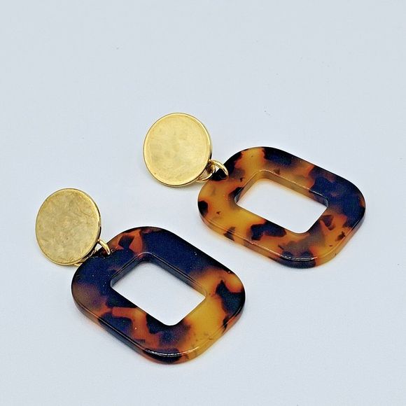 Tortoise Drop Earrings Vintage Dangle Open Rectangle Gold Tone Statement Jewelry - Picture 3 of 6